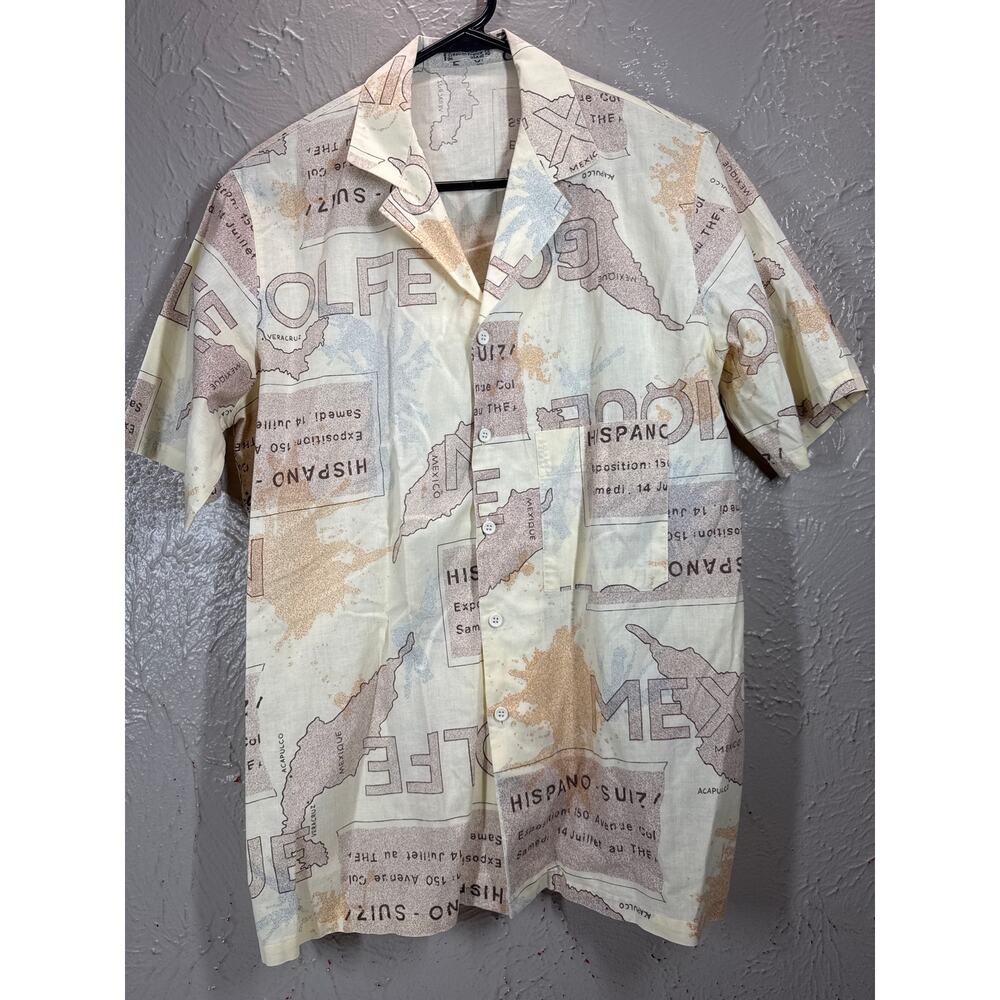Hom‎ 80s Mexico Gulf Map Print Aloha Style Beige Short Sleeve Shirt Italy Sz 40